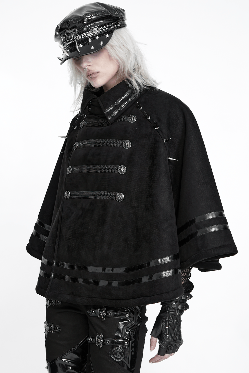 Stylish Gothic Black Cape with Spiked Shoulders punk military cloak with metallic braid trim and stand collar