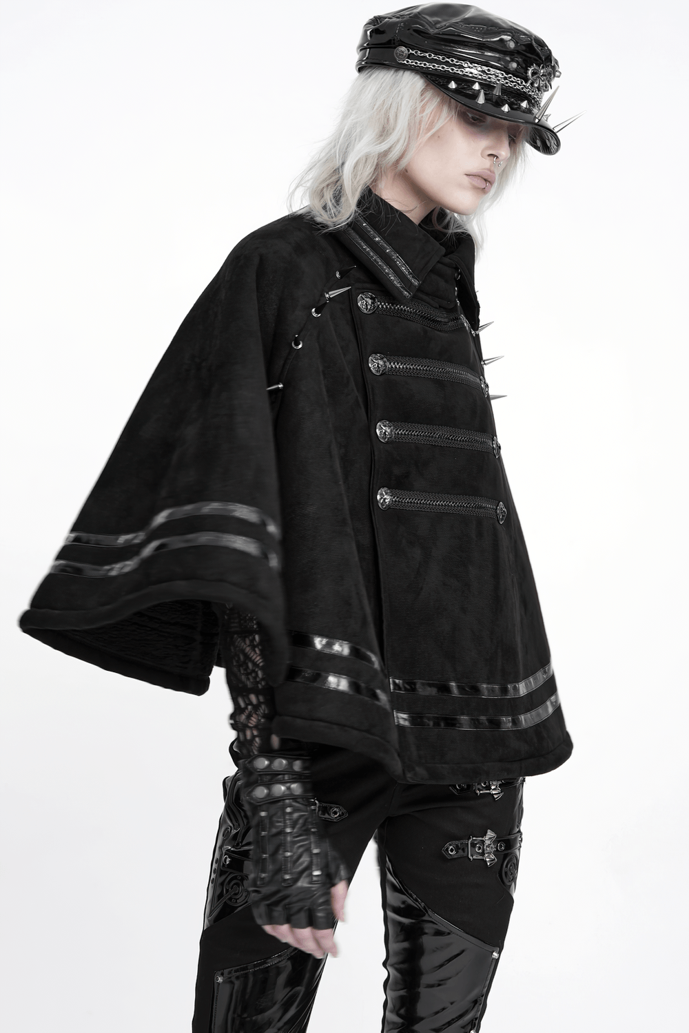 Stylish Gothic Black Cape with Spiked Shoulders, punk officer cloak with metallic braid trim and dramatic flared silhouette
