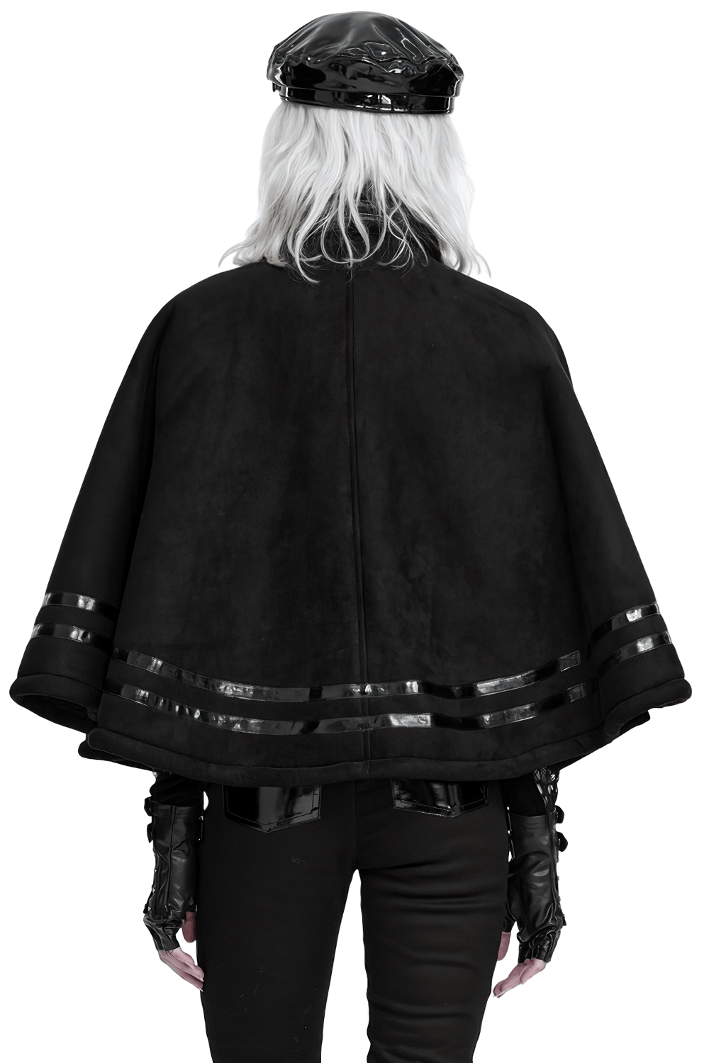 Stylish Gothic Black Cape with Spiked Shoulders black military cloak with glossy trim and flared silhouette