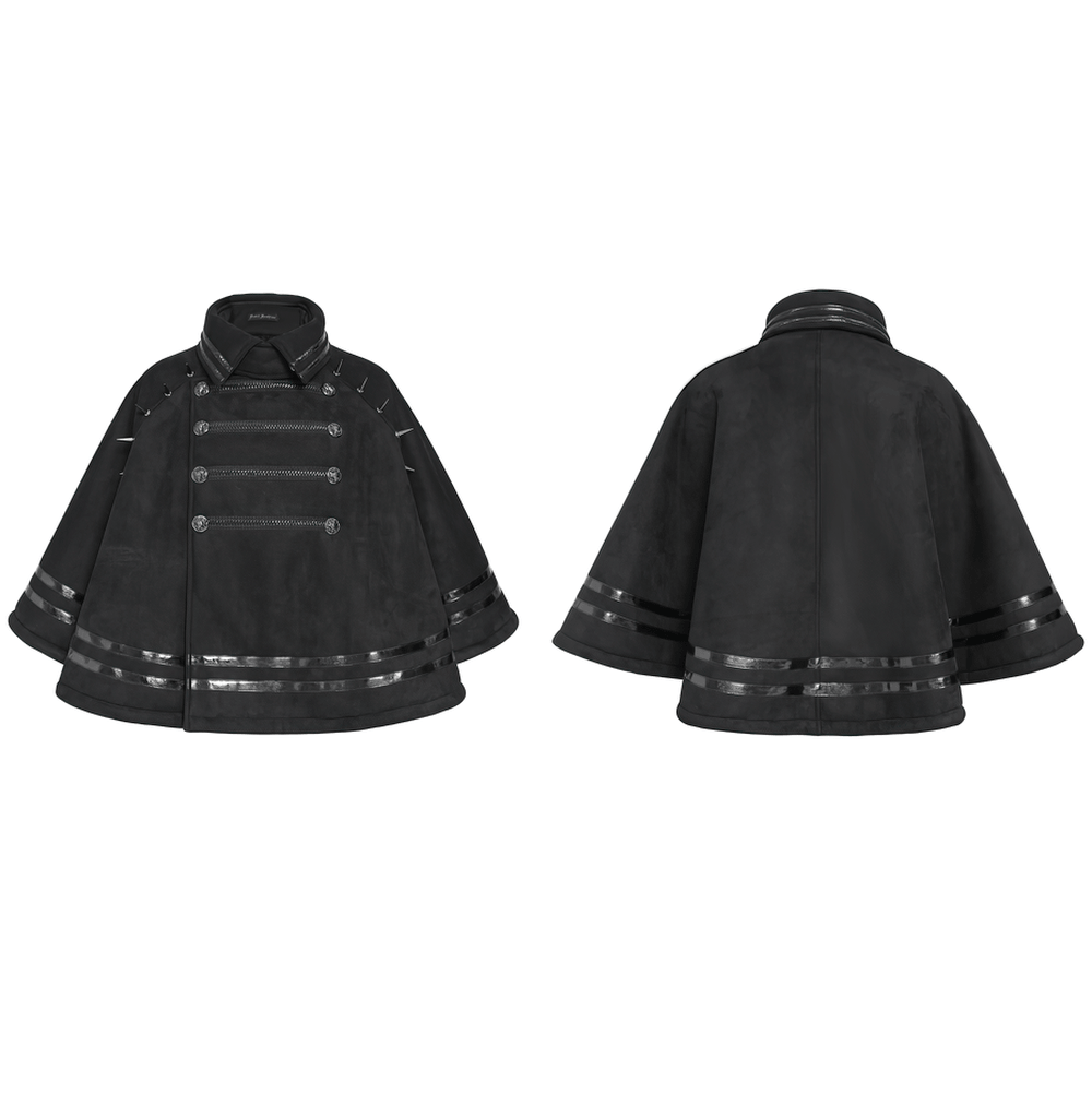 Stylish Gothic Black Cape with Spiked Shoulders black punk officer short cloak with metallic braid trim and stand collar