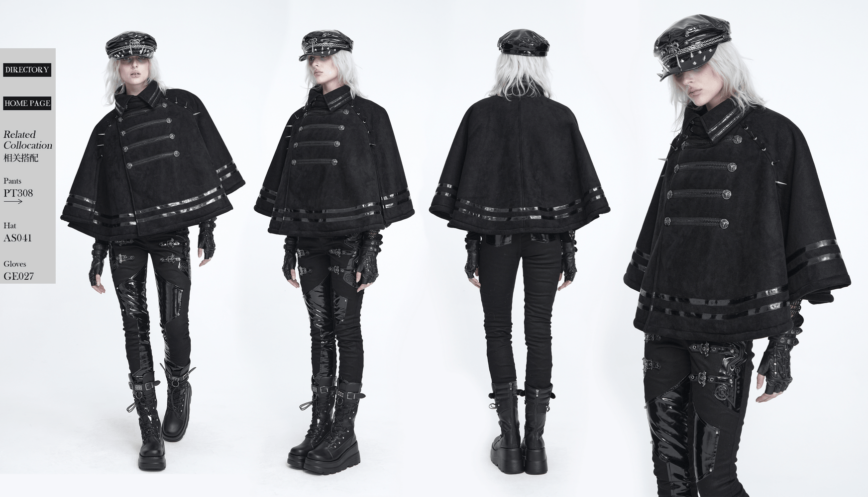 Stylish Gothic Black Cape with Spiked Shoulders, dramatic punk military cloak with metallic trim and ornate buttons