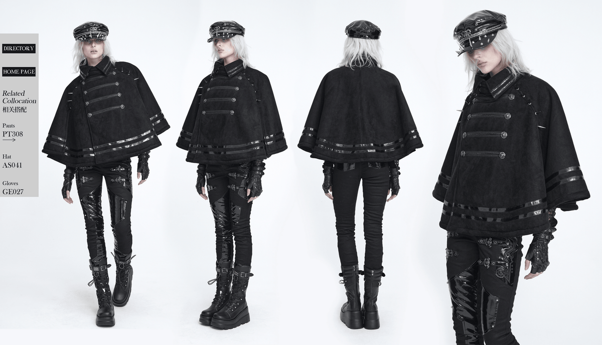 Stylish Gothic Black Cape with Spiked Shoulders, dramatic punk military cloak with metallic trim and ornate buttons