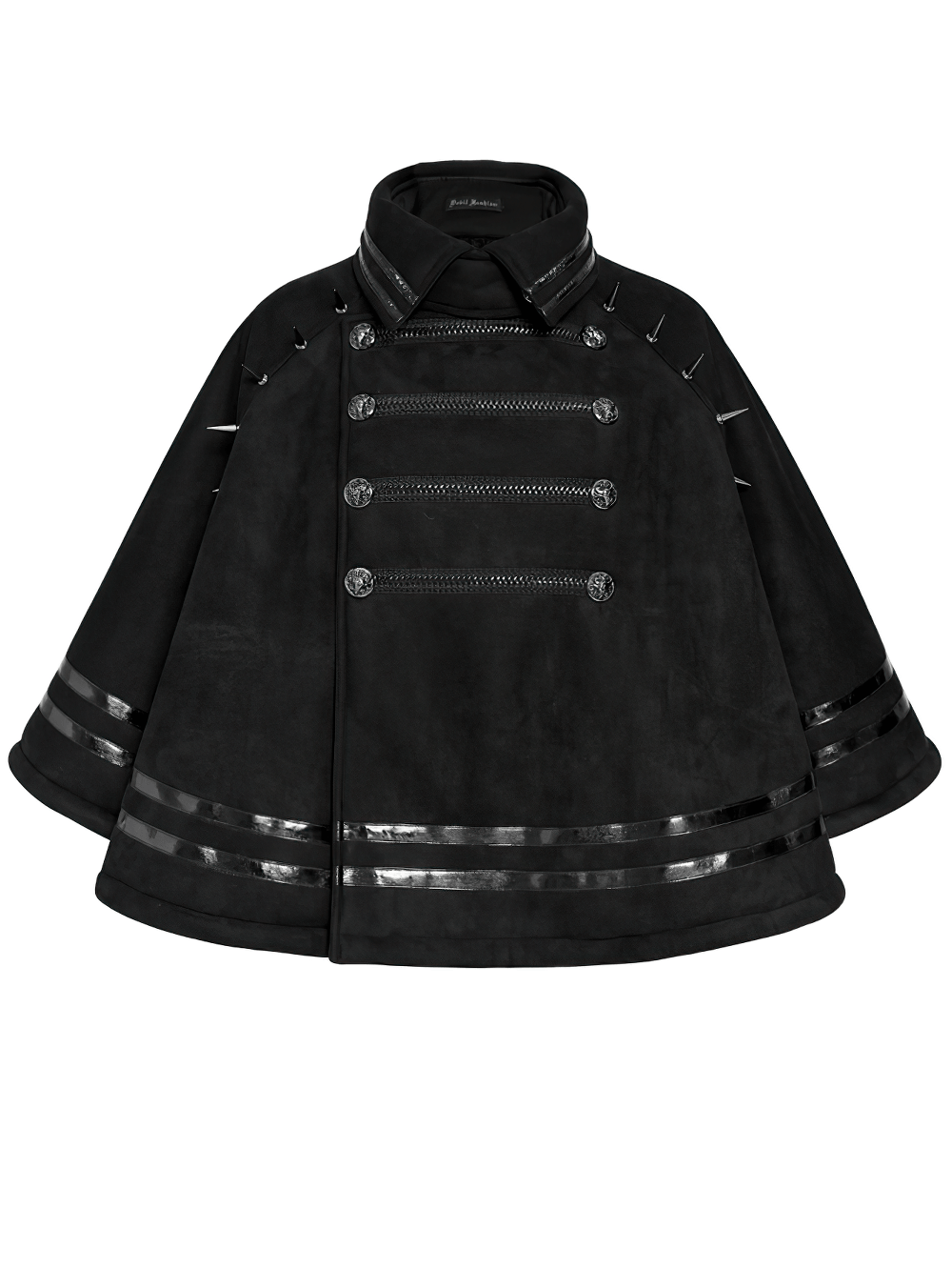 Stylish Gothic Black Cape with Spiked Shoulders, punk military cloak with metallic braid trim and flared silhouette