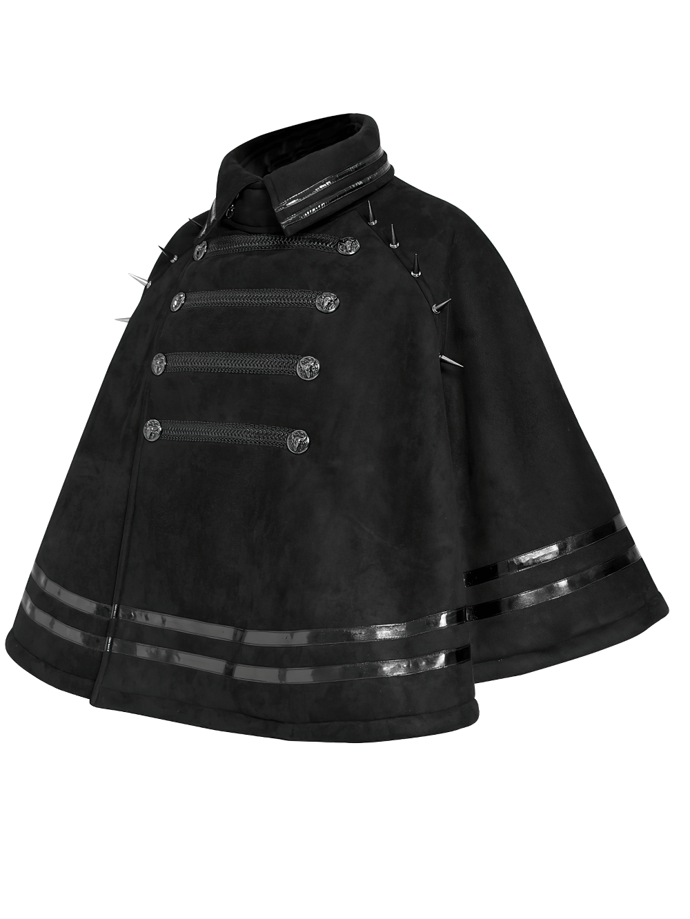 Stylish Gothic Black Cape with Spiked Shoulders, punk officer cloak with metallic braid trim and dramatic flared silhouette