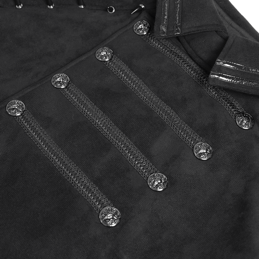 Stylish Gothic Black Cape with Spiked Shoulders, punk officer short cloak with metallic braid trim and ornate buttons
