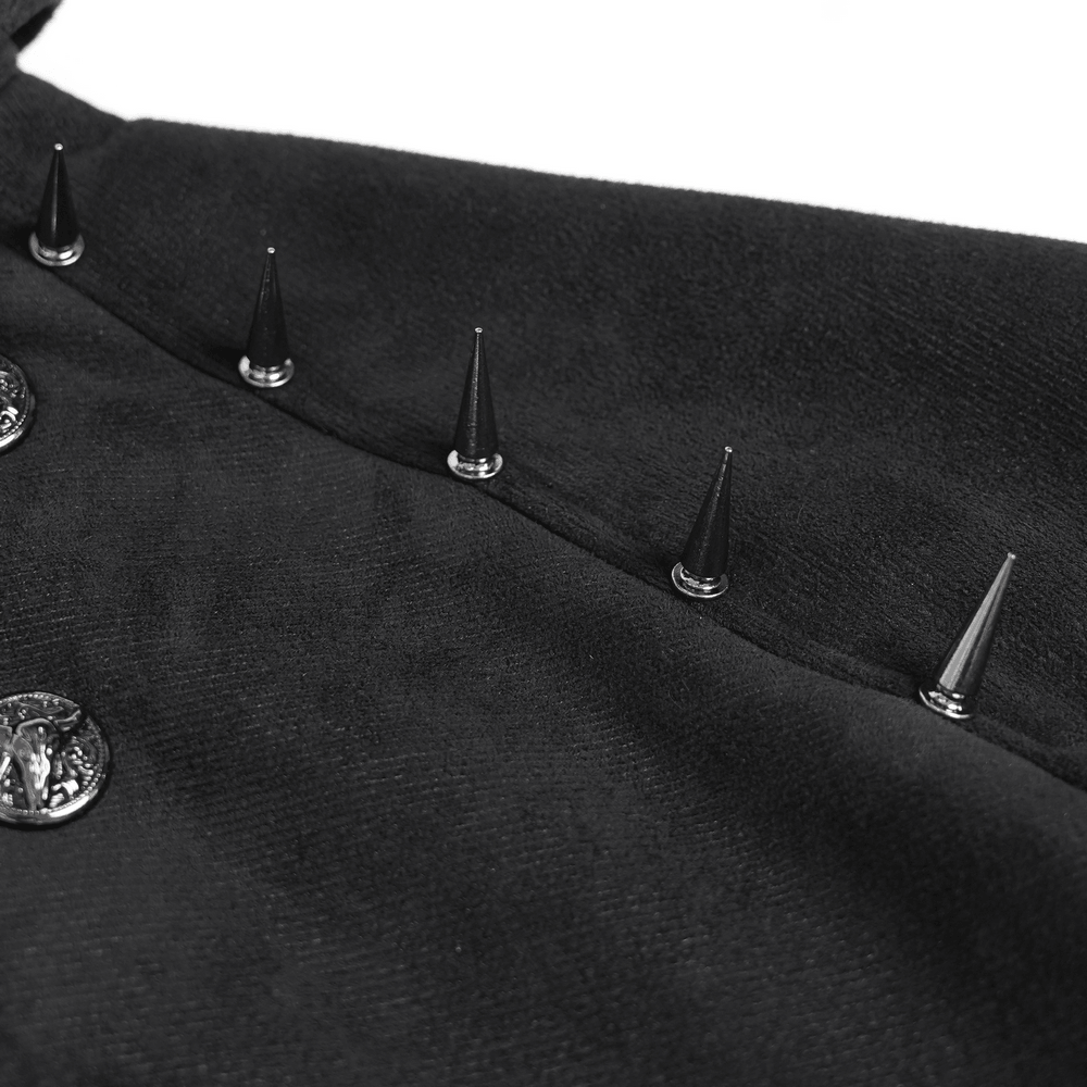 Stylish Gothic Black Cape with Spiked Shoulders, black punk cloak with metallic spikes and ornate gothic buttons