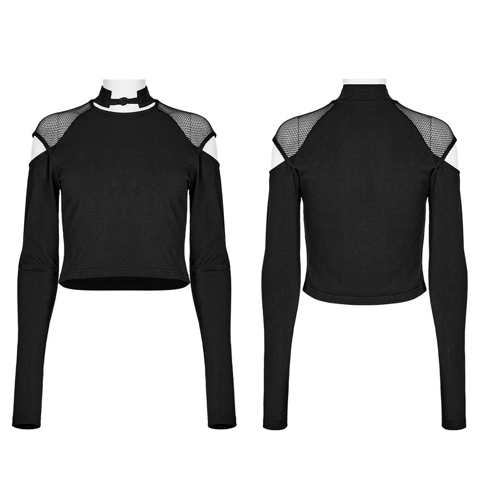 Stylish Gothic Black Crop Top with Mesh Sleeves