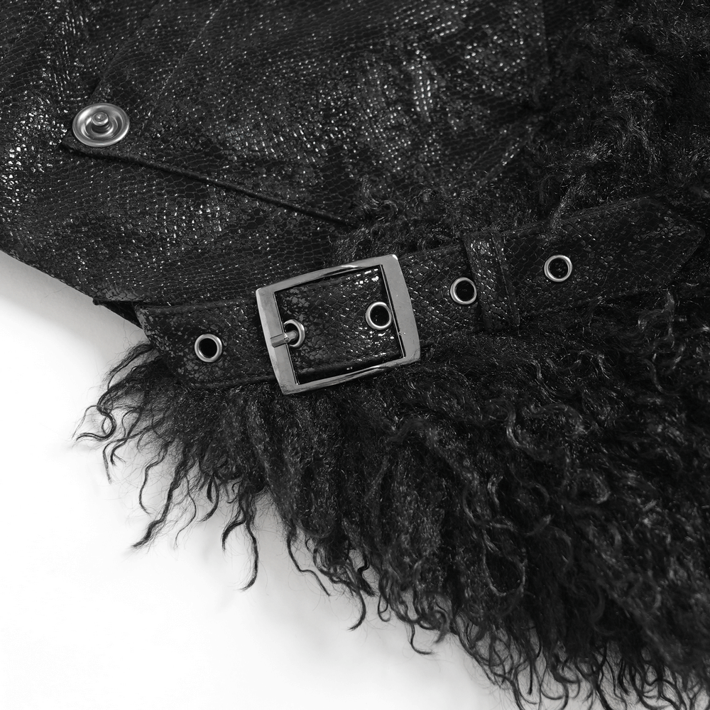 Close-up of stylish black faux leather shorts featuring furry trim and buckle details for a gothic look.