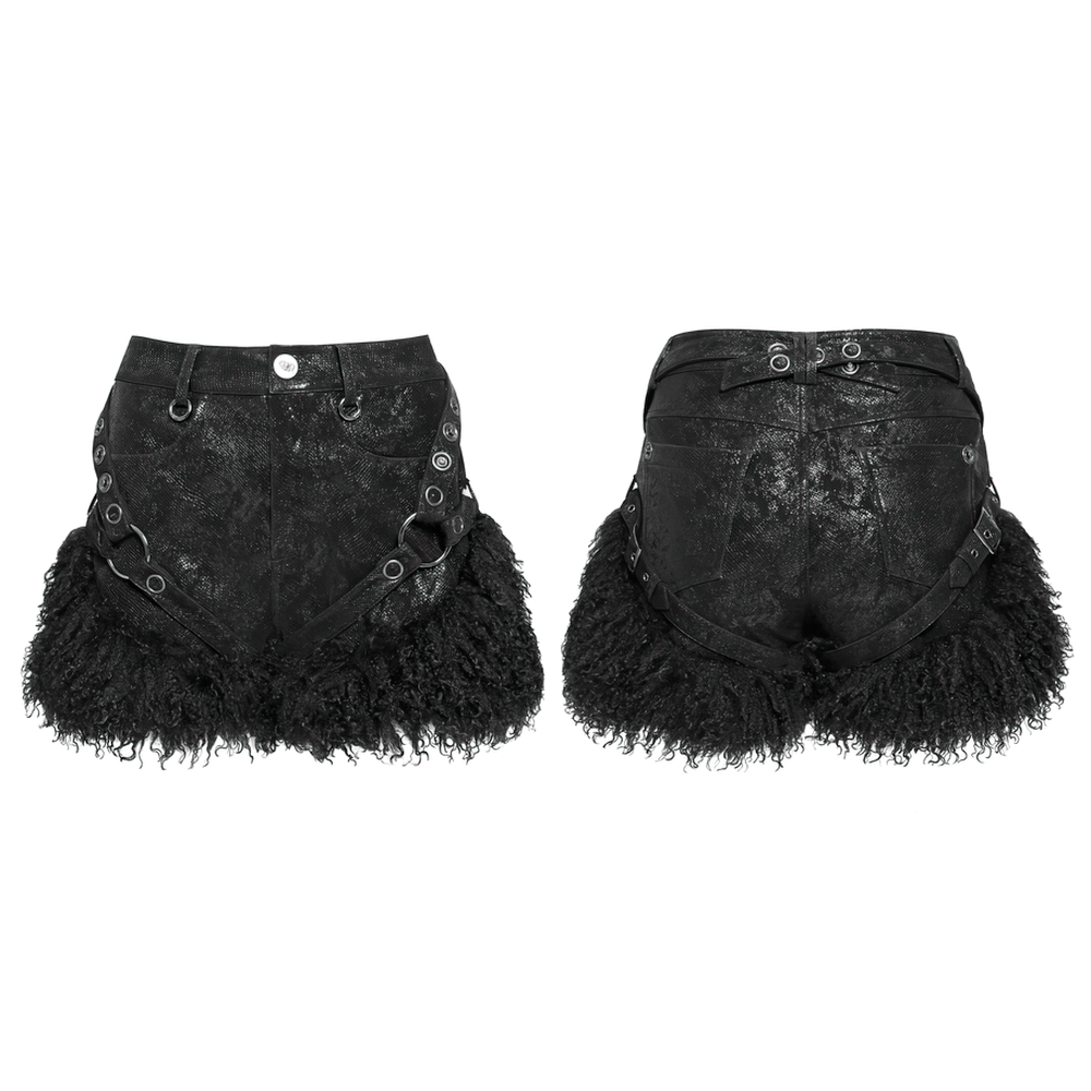 Stylish Gothic black faux leather shorts with fur trim, featuring button details and metal accents for a rebellious look.