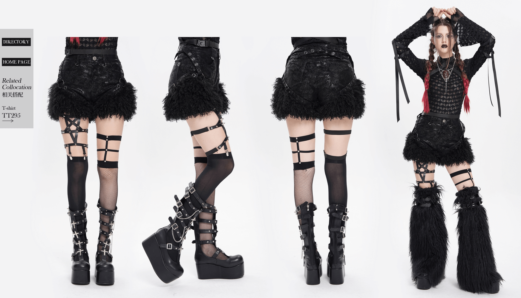 Stylish gothic black faux leather shorts with fur trim and edgy strappy accents, perfect for alternative fashion lovers.