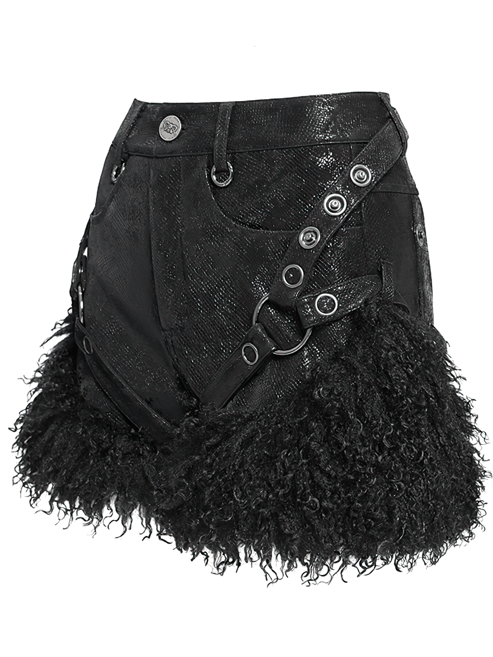 Stylish gothic high waist black faux leather shorts with fur trim and edgy metal details.