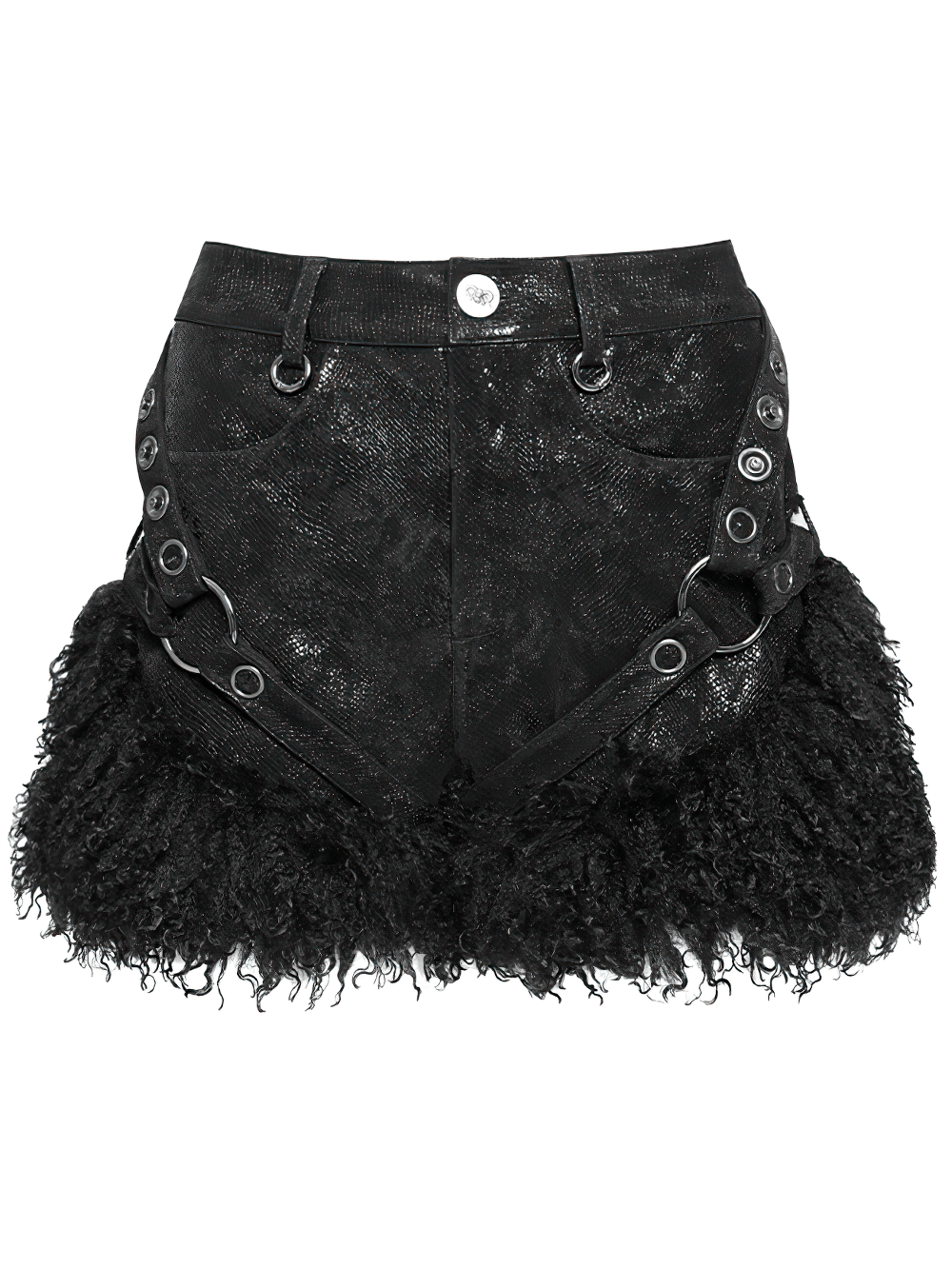 Stylish gothic black faux leather shorts with fur trim, featuring button details and edgy metal rings.