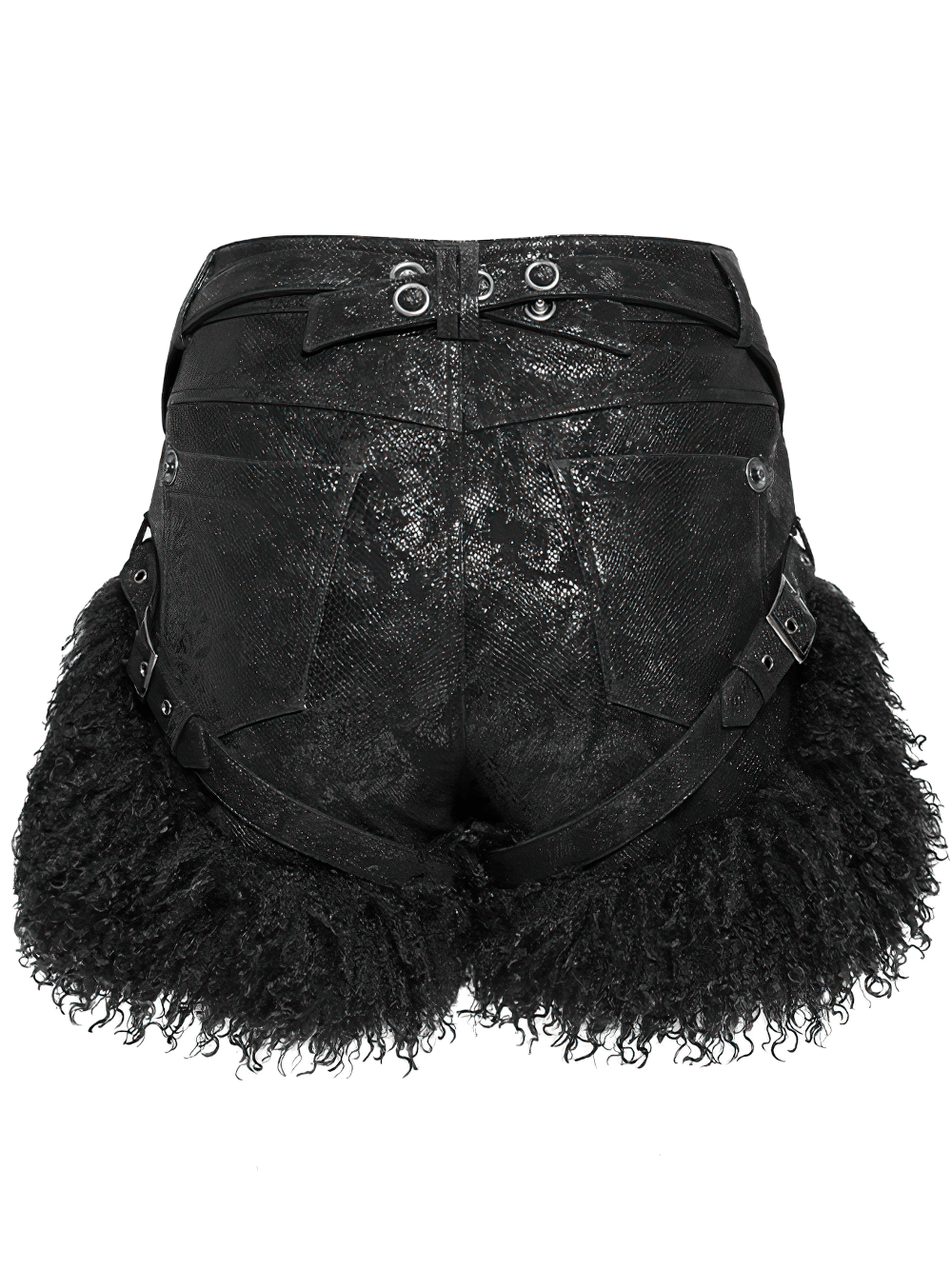 Back view of stylish gothic black faux leather shorts with fur trim and edgy details.