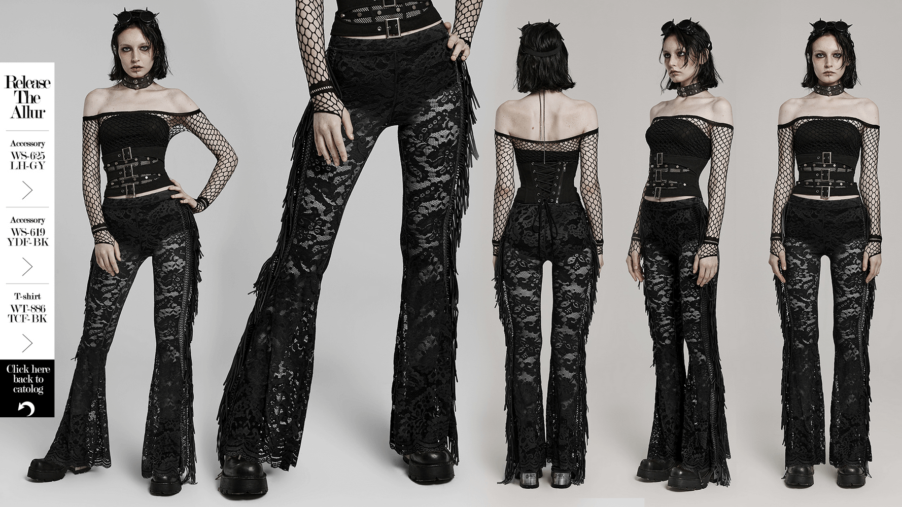 Stylish gothic black lace fringed flare pants, perfect for edgy night outings with chic lace trim.