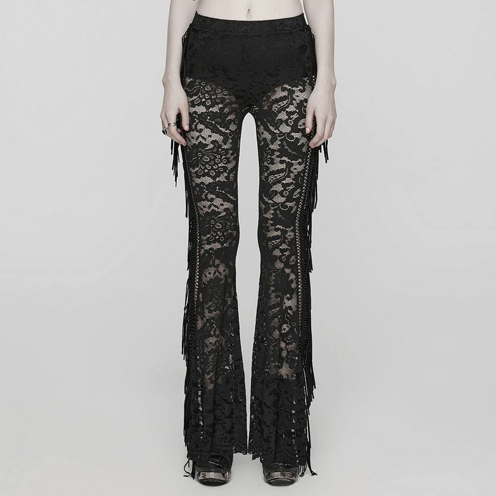 Stylish Gothic black lace fringed flare pants with a dramatic see-through design for edgy fashion.