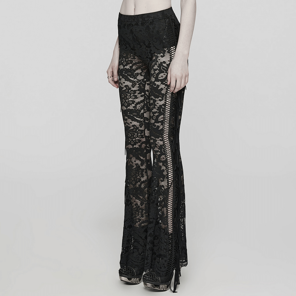 Stylish Gothic black lace flared pants with dramatic fringe, perfect for edgy night outings.