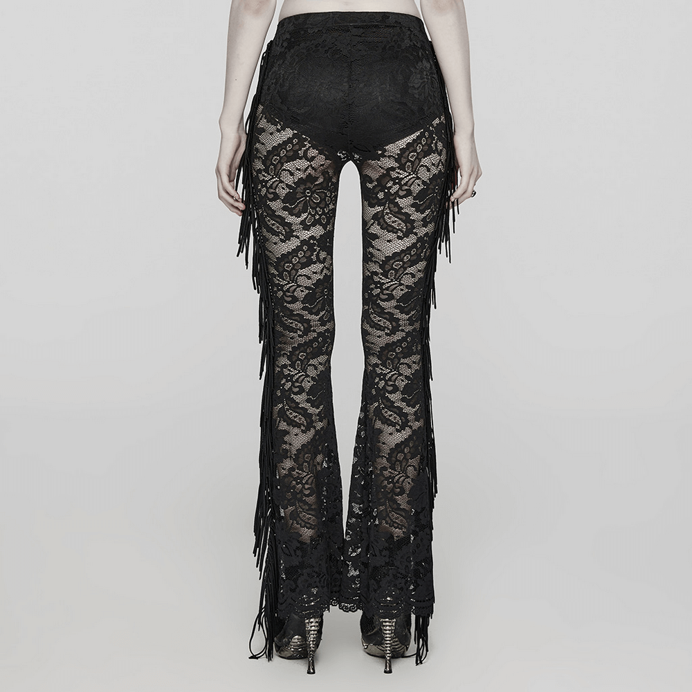 Back view of stylish gothic black lace fringed flare pants with dramatic lace trim, perfect for a chic goth outfit.