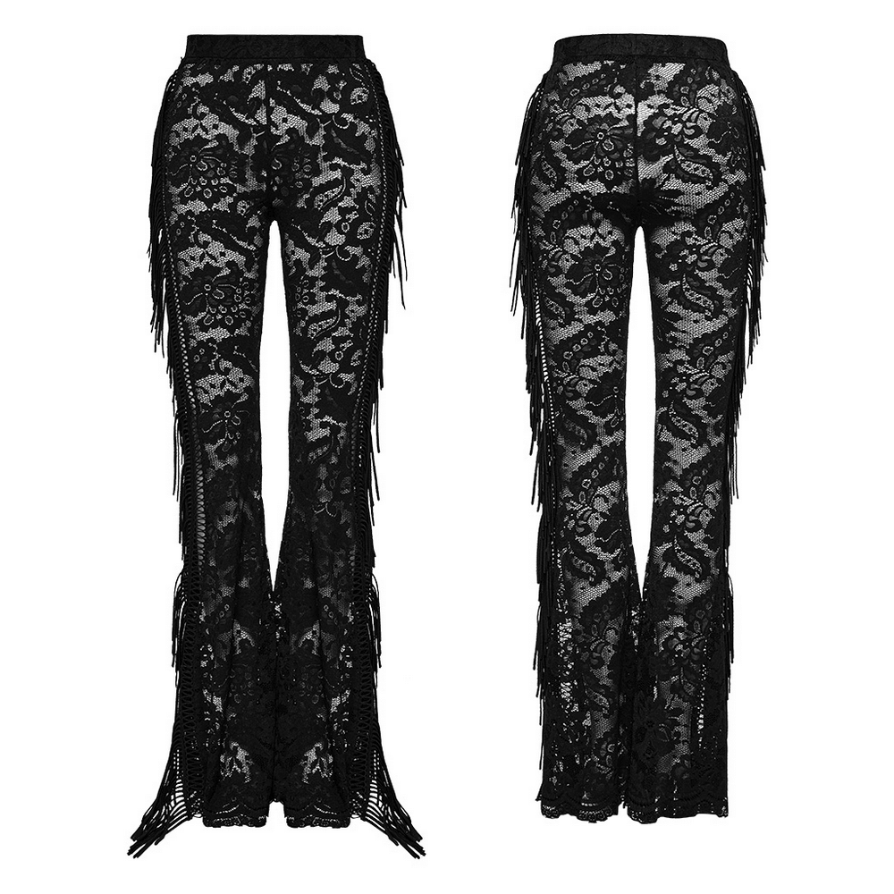 Stylish gothic black lace fringed flare pants with dramatic lace trim and see-through design.