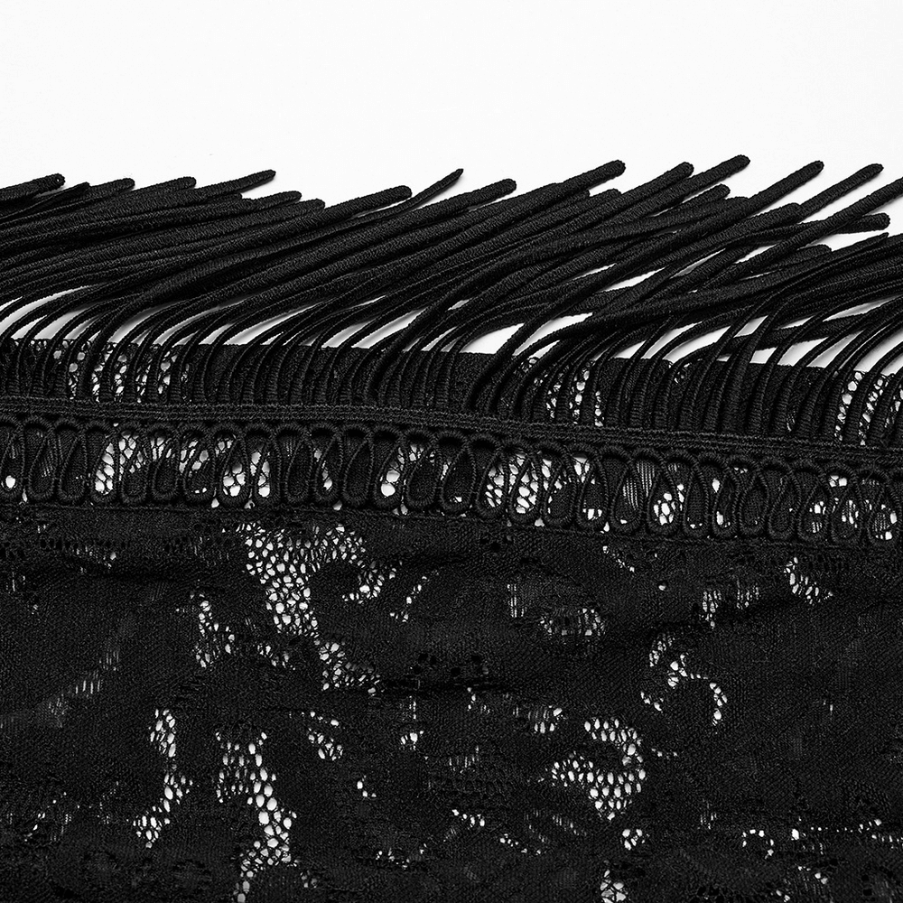 Close-up of stylish gothic black lace fringe, showcasing intricate details and dramatic trim for flare pants.