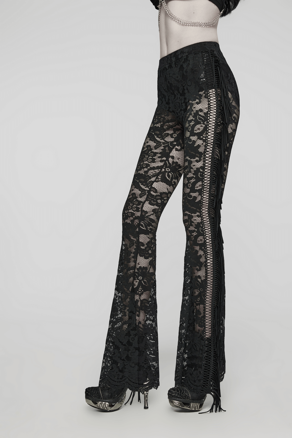 Stylish gothic black lace fringed flare pants with dramatic lace trim and see-through design.