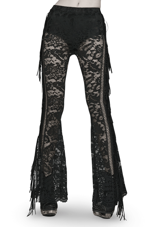 Elegantes pantalones acampanados góticos de encaje negro con flecos