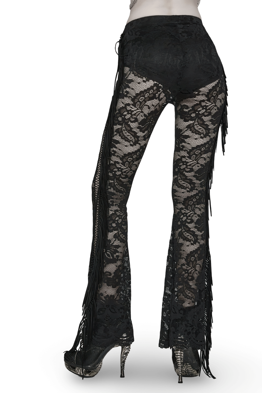 Elegant gothic black lace fringed flare pants with dramatic see-through design for a bold night out.