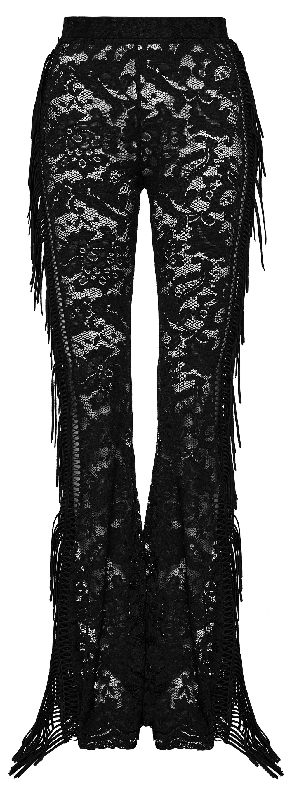 Stylish gothic black lace fringed flare pants with dramatic see-through design and chic lace trim.