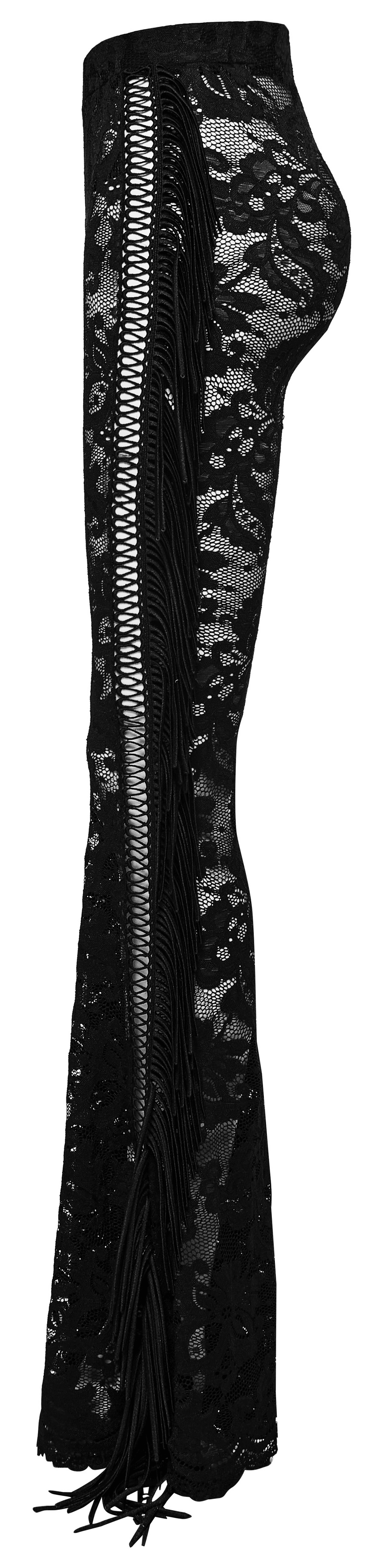 Stylish gothic black lace flared pants with fringed detailing and dramatic flares for a chic night out look.