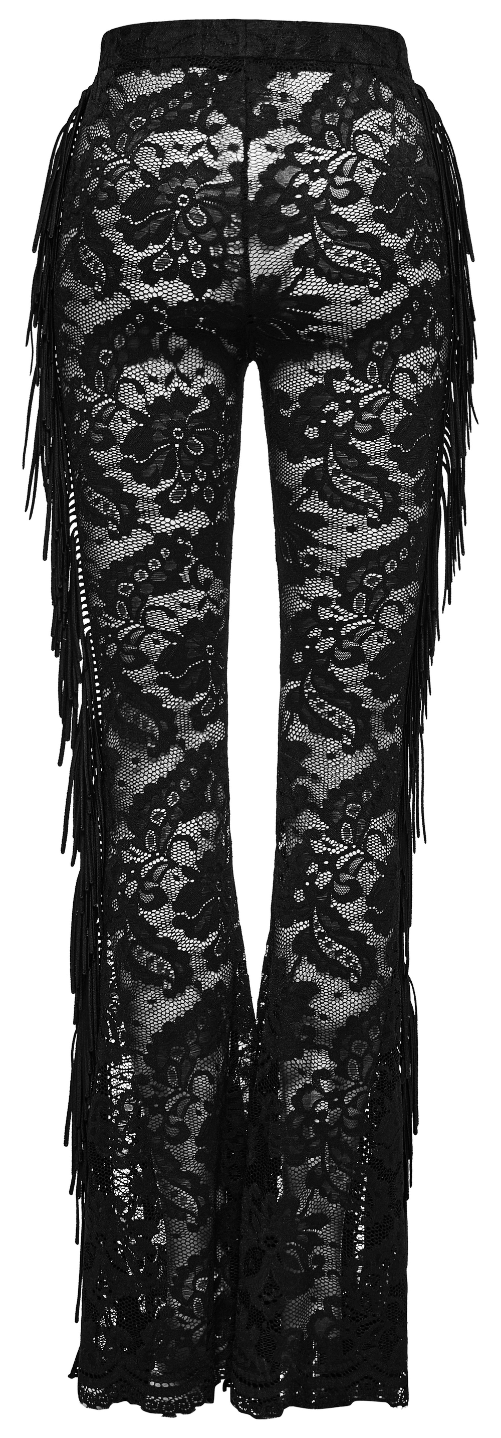 Elegant gothic black lace fringed flare pants with dramatic lace details, perfect for a night out.
