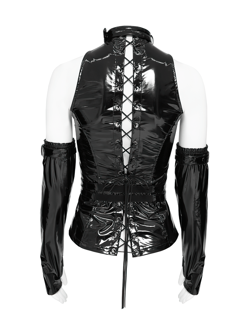 Stylish Gothic Black Lace-Up Halter Corset Top with glossy vinyl finish, back lace-up detail, and long sleeve accessories