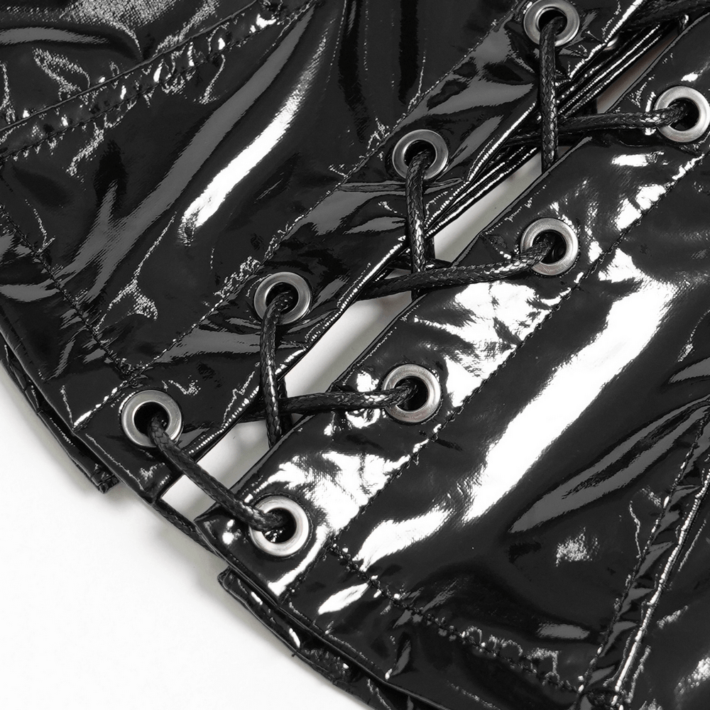 Stylish Gothic Black Lace-Up Halter Corset Top glossy black faux leather close-up with metal eyelets and lacing