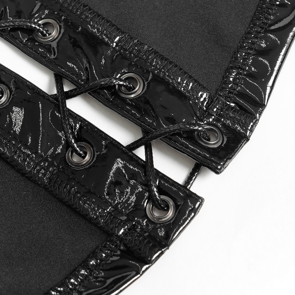 Stylish Gothic Black Lace-Up Halter Corset Top with shiny faux leather trim and metal eyelets