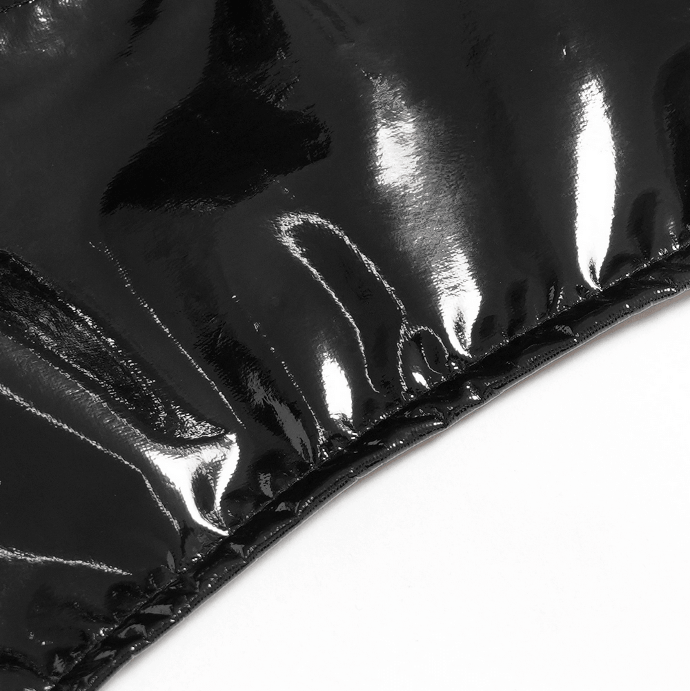 Stylish Gothic Black Lace-Up Halter Corset Top in shiny black vinyl close-up