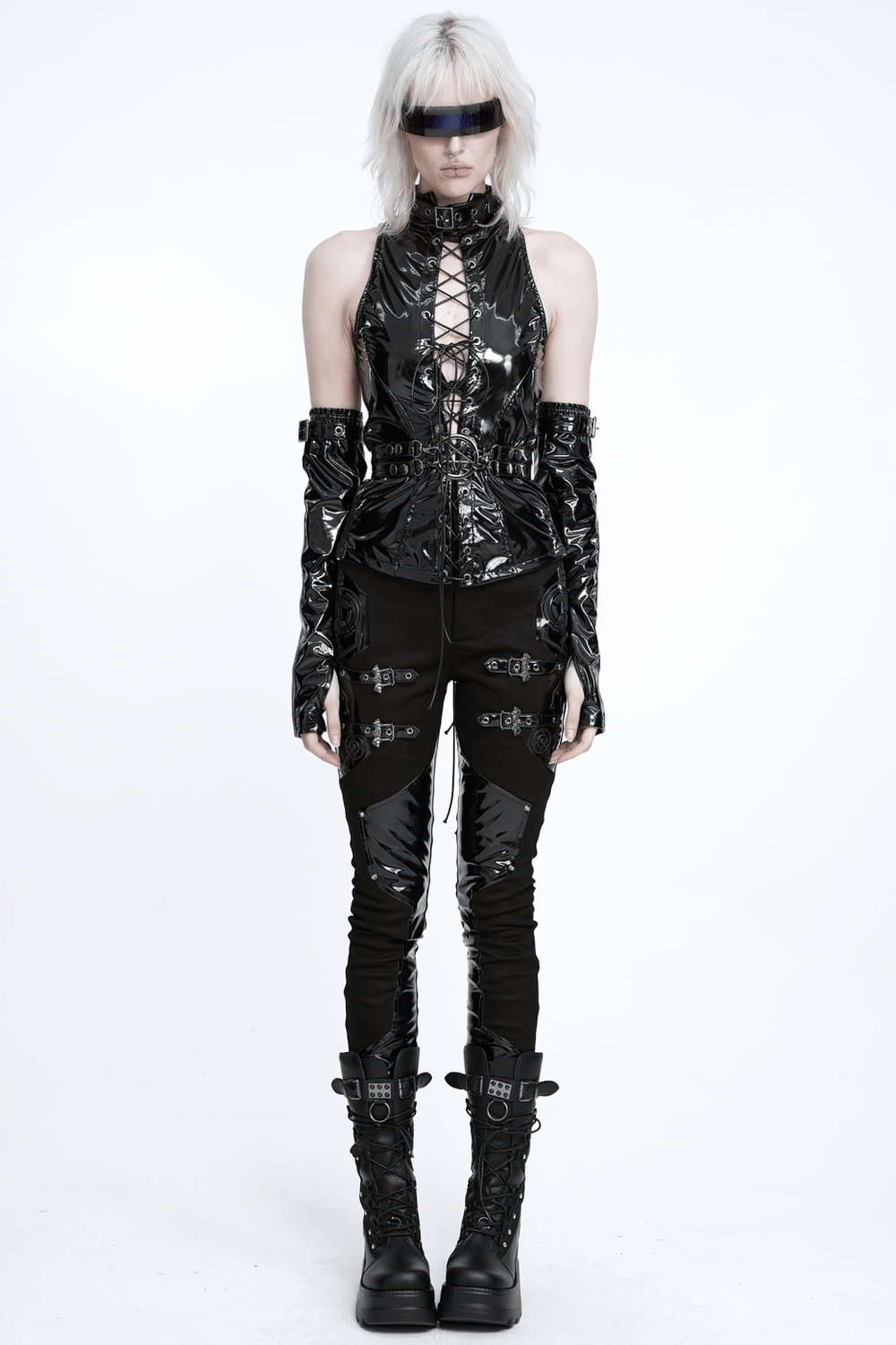 Stylish Gothic Black Lace-Up Halter Corset Top, shiny black gothic fashion with lace-up front and edgy straps