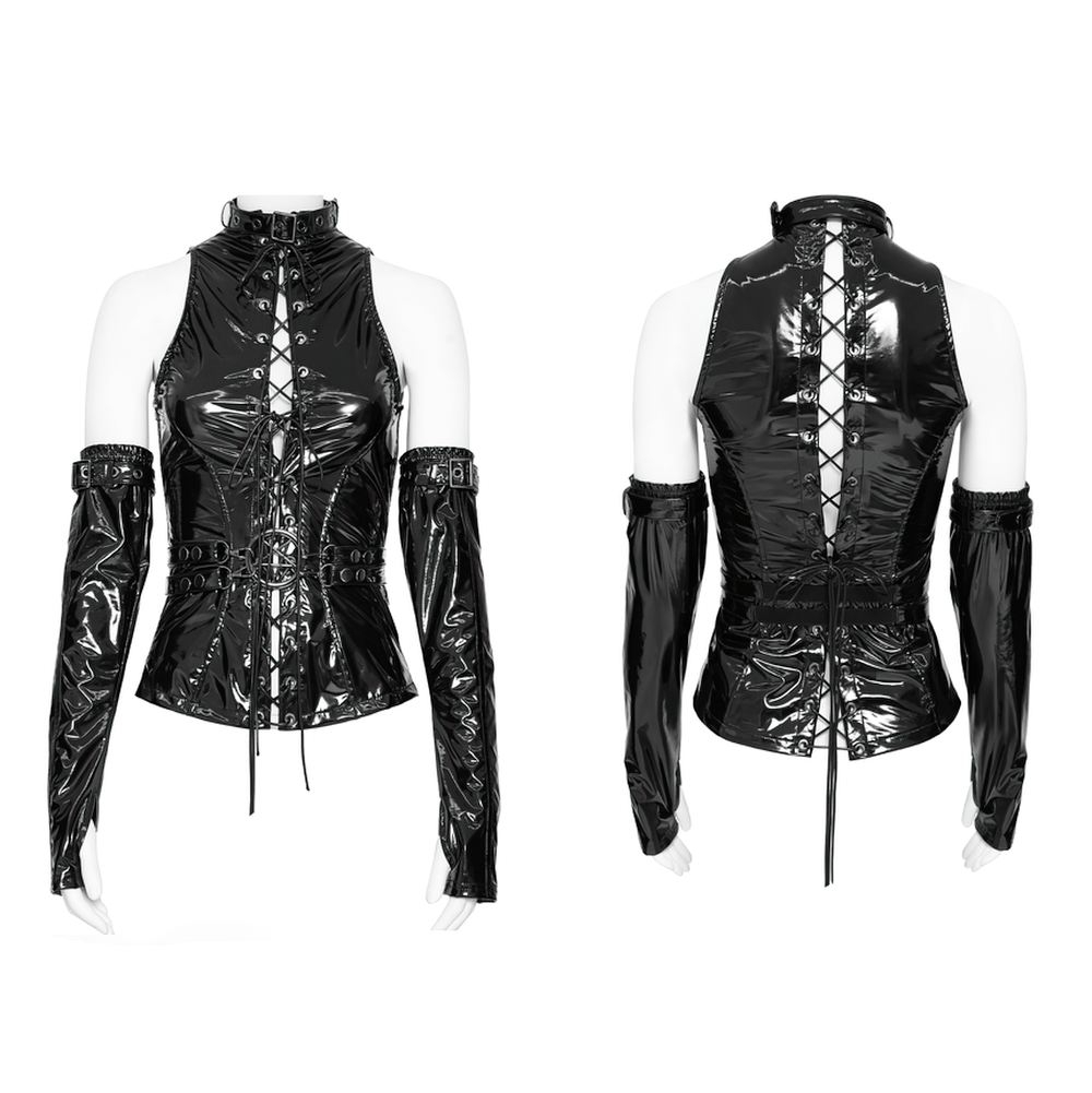 Stylish Gothic Black Lace-Up Halter Corset Top in black with glossy PVC look and lace-up front, front and back view