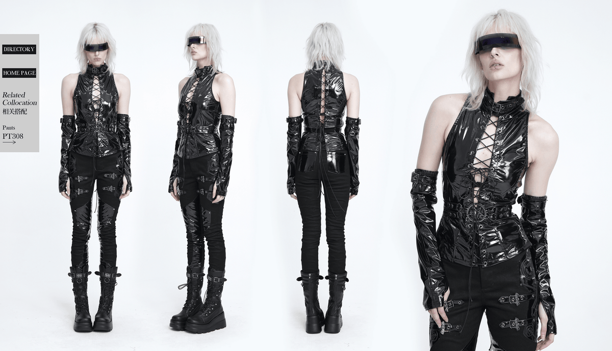 Stylish Gothic Black Lace-Up Halter Corset Top in glossy black with edgy lace-up detail, worn by model
