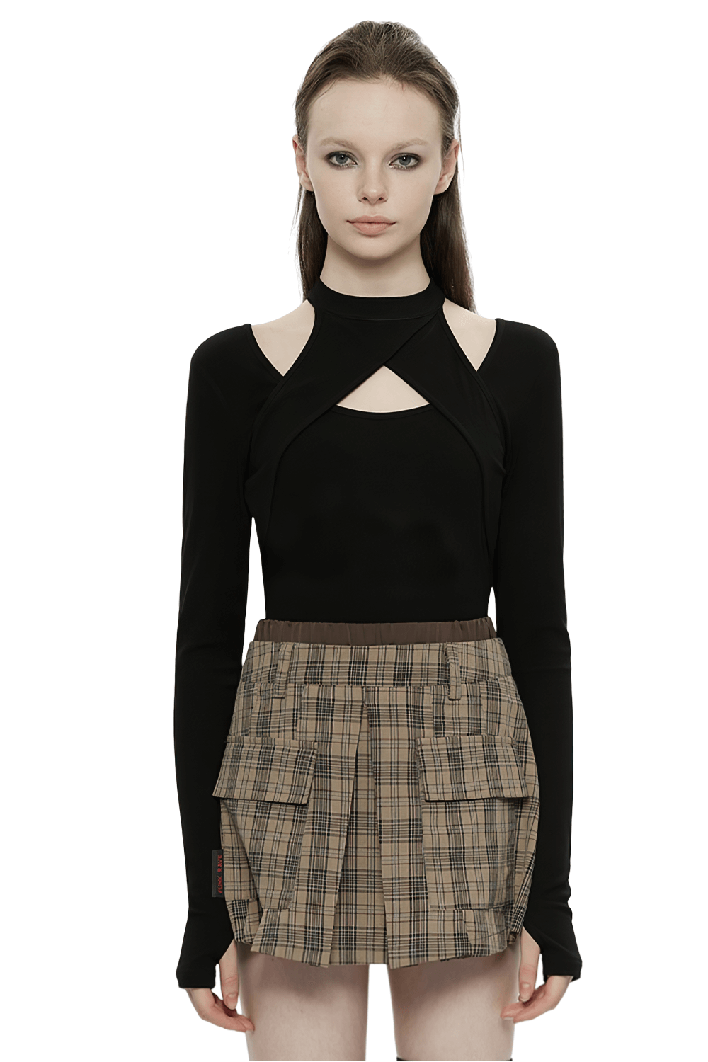 Stylish Gothic Black Long Sleeve Cut Out Crop Top
