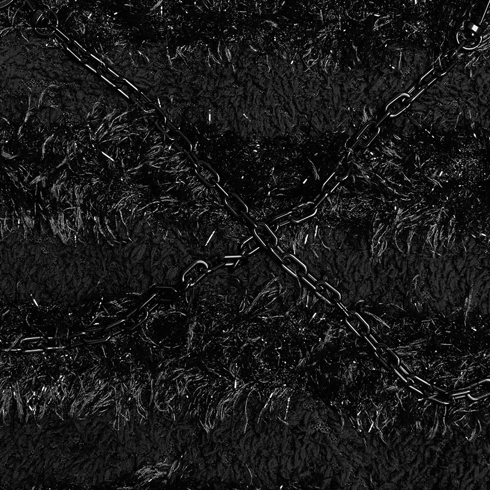 Close-up of black textured fabric with chain details, perfect for gothic fashion designs.