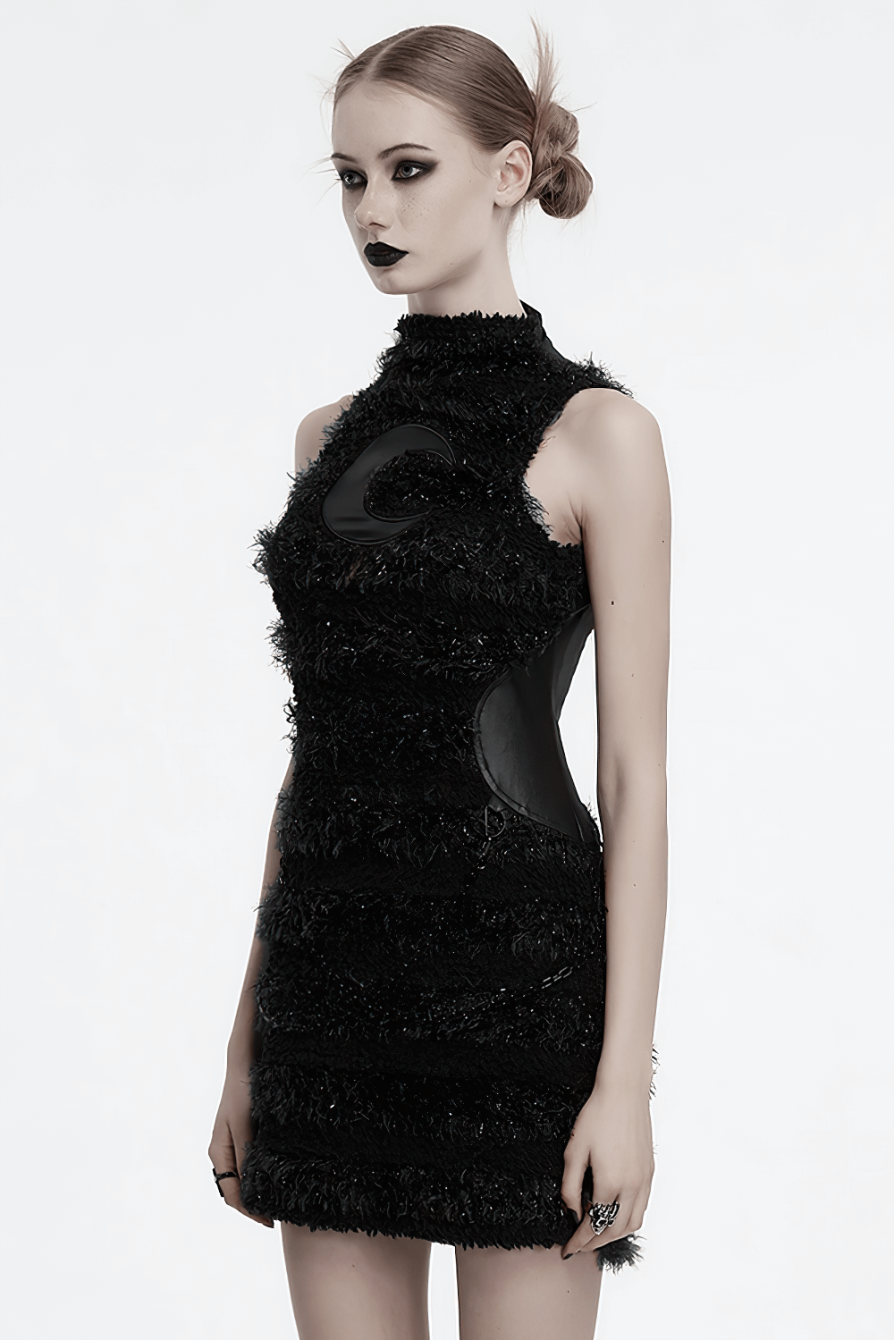 Stylish gothic black mini dress with moon embroidery and sleek fit, perfect for alternative fashion.