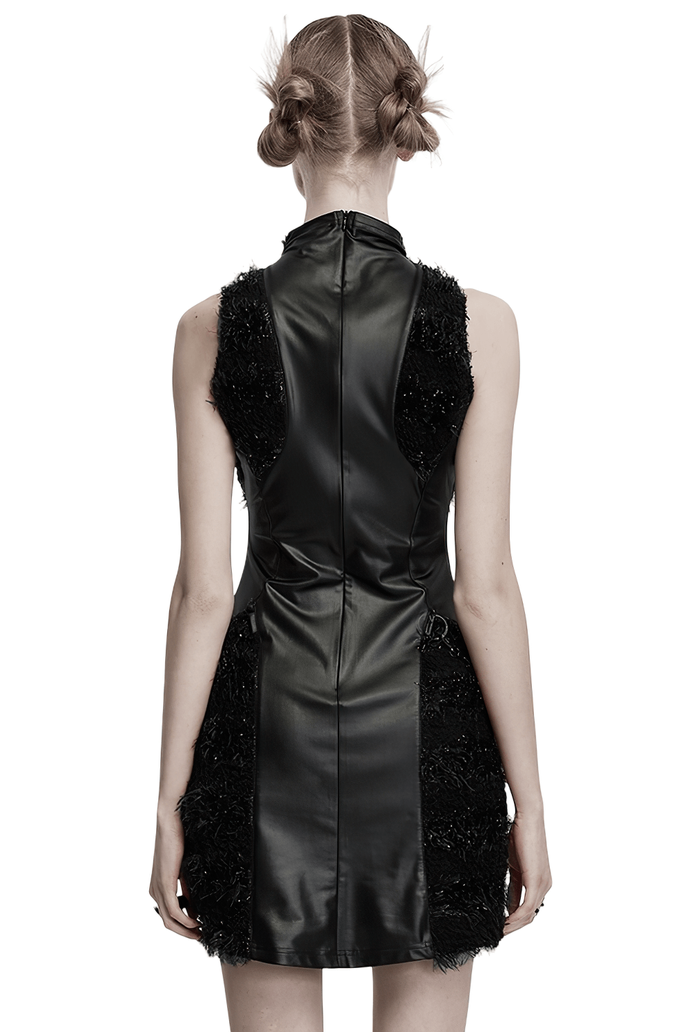 Back view of a stylish gothic black mini dress with textured fabric, perfect for alternative fashion lovers.