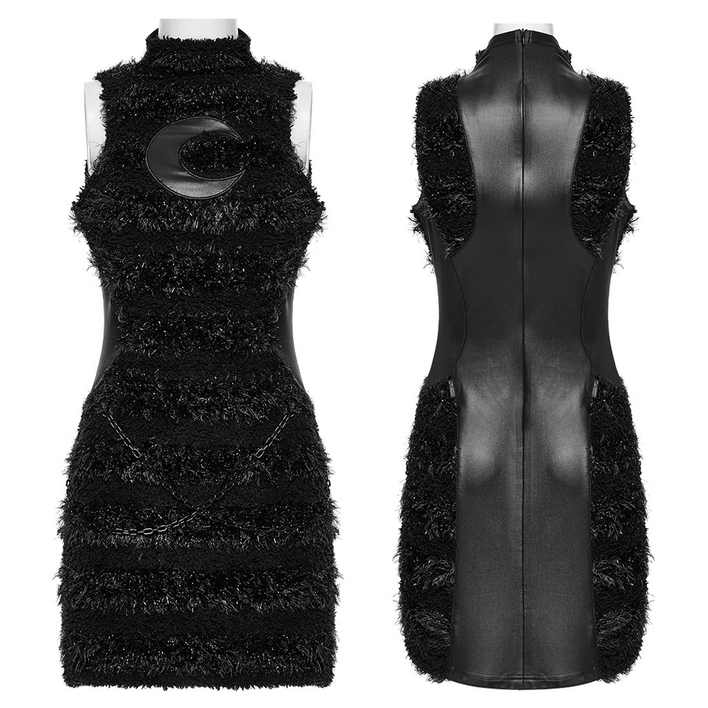 Stylish black gothic mini dress featuring moon embroidery, chain detail, and plush knit fabric.