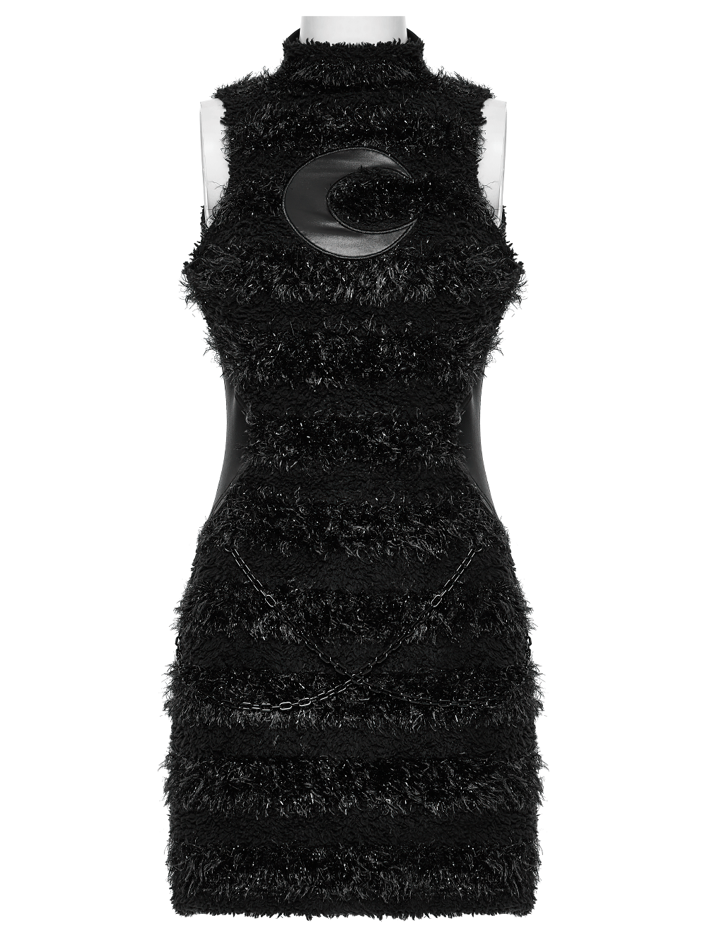 Stylish Gothic black mini dress featuring moon embroidery and a sleek stand-up collar design.