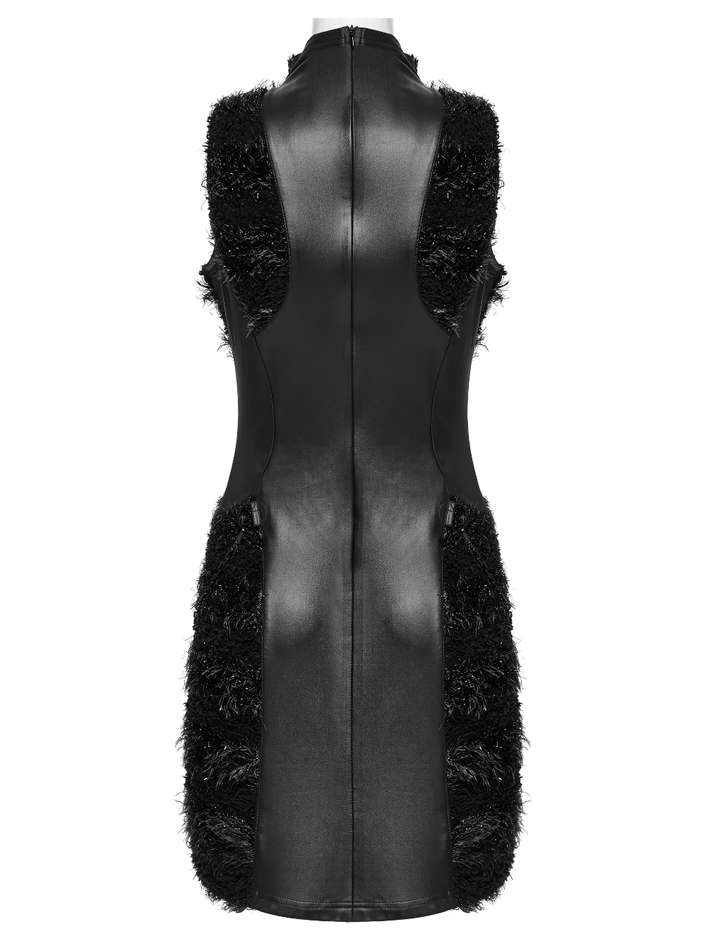Back view of a stylish black mini dress with plush details, perfect for gothic alternative fashion.