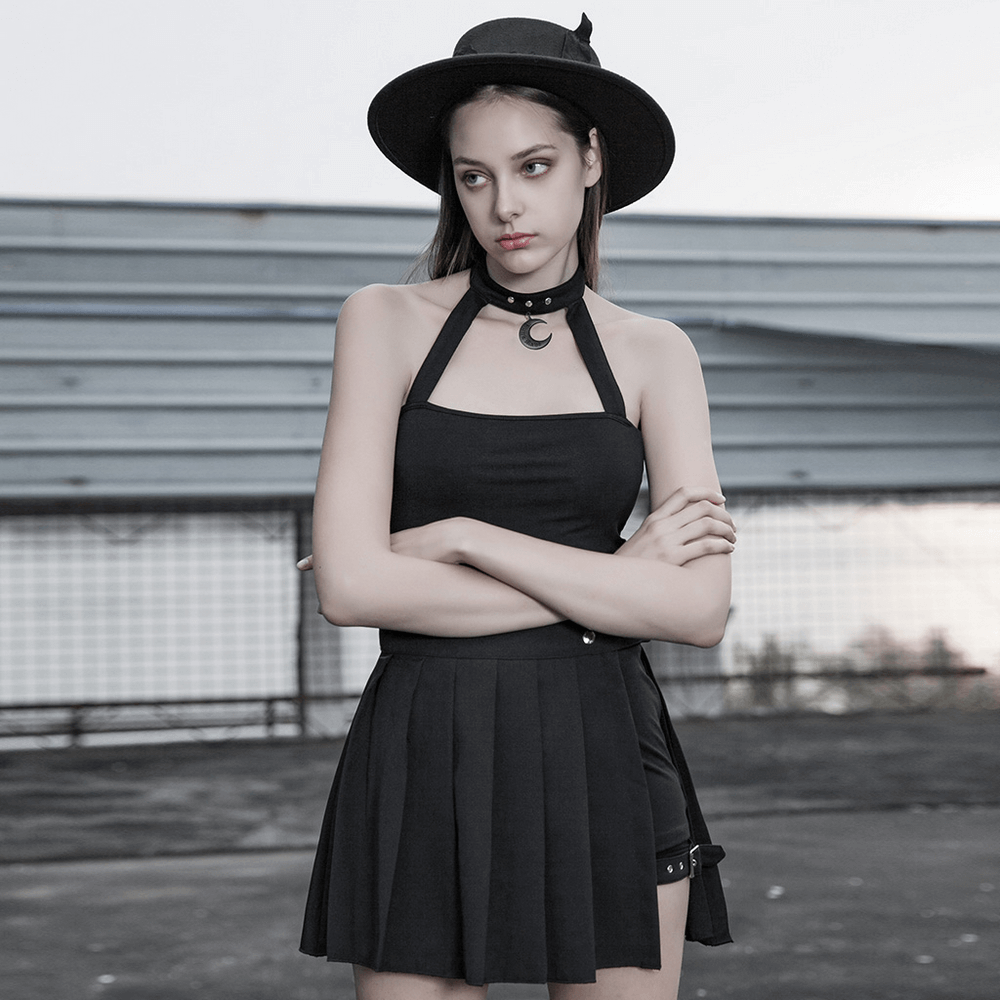 Stylish Gothic Black Moon Choker Crop Camisole Top