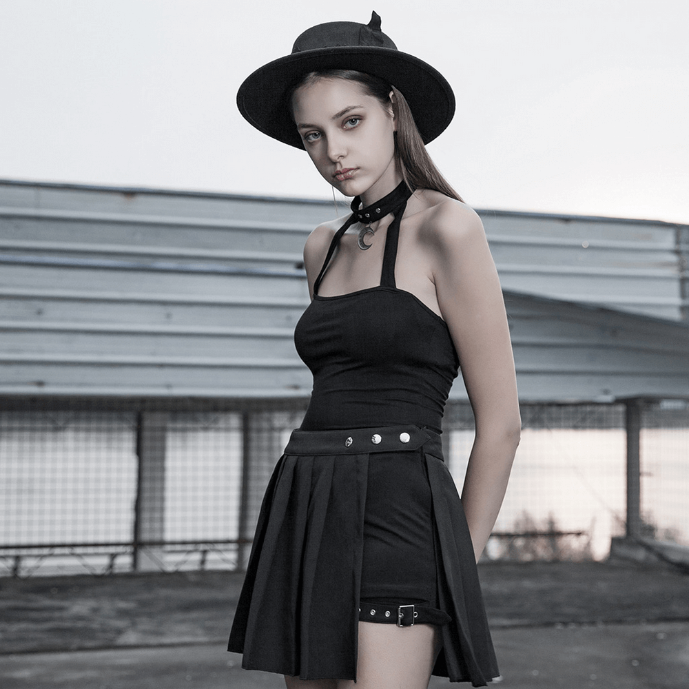 Stylish Gothic Black Moon Choker Crop Camisole Top