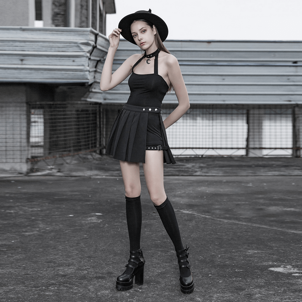 Stylish Gothic Black Moon Choker Crop Camisole Top