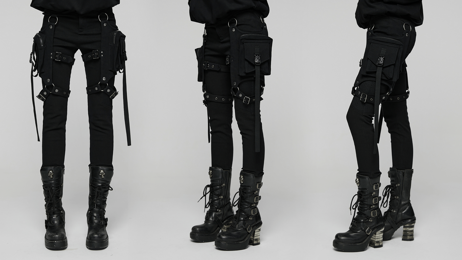 Stylish Gothic Black Twill Pants with Detachable Pockets showcasing edgy design and functional 3D leg pockets.