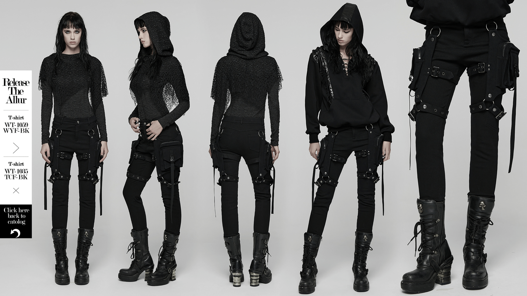 Stylish Gothic Black Twill Pants with Detachable Pockets showcasing punk style and detachable leg pockets for women.