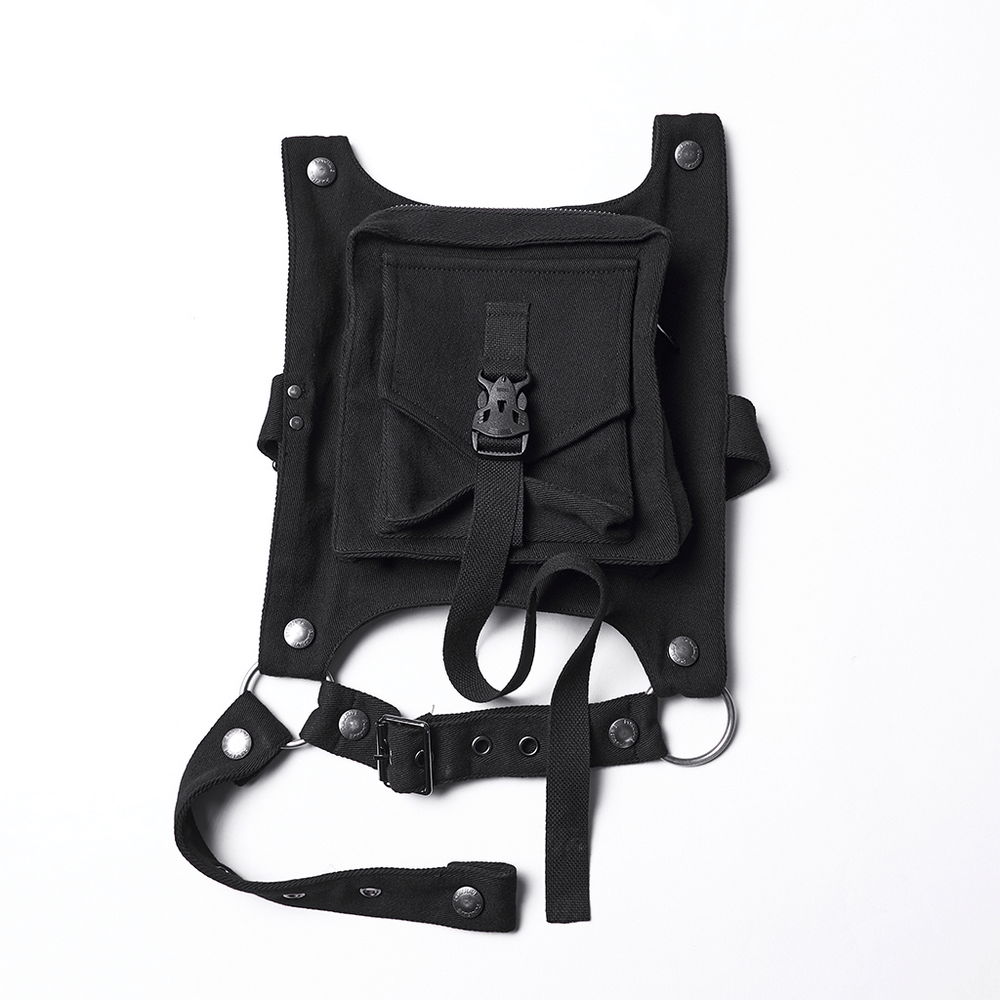 Stylish Gothic Black Twill Pants with Detachable Pockets displayed with a unique black utility bag.