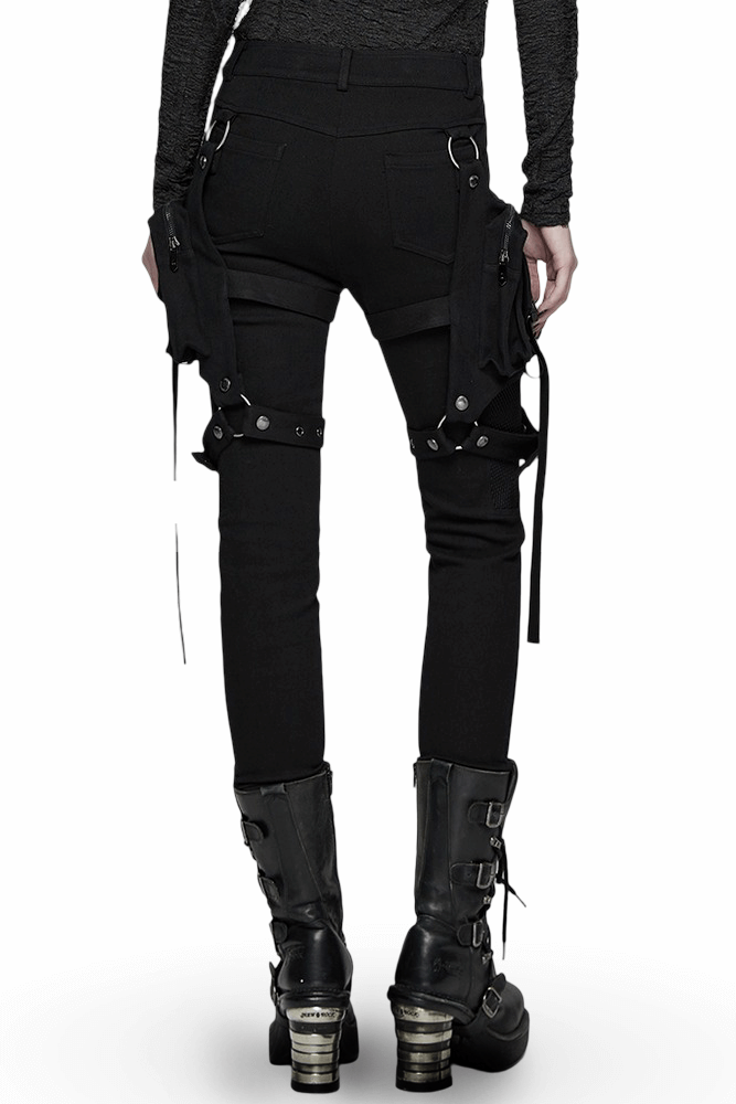 Stylish Gothic Black Twill Pants with Detachable Pockets showcased from the back, featuring 3D detachable pockets.